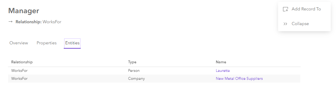 Entities tab for a selected relationship in the knowledge graph view