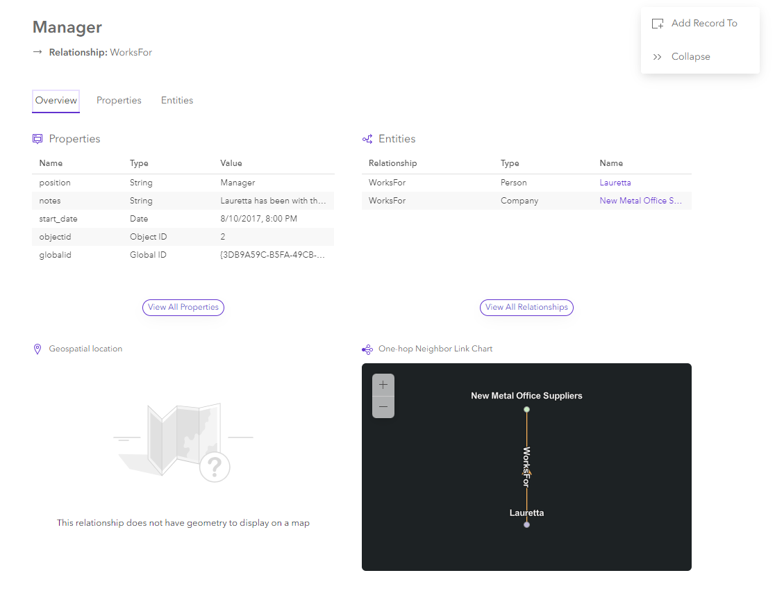 The overview for a selected relationship in the knowledge graph view